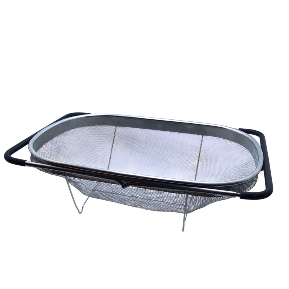 Over The Sink Deep Well Oval Stainless Steel Mesh Colander Extendable Handle.